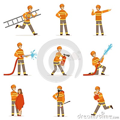 Firefighters in orange uniform doing their job set. Fireman in different situations cartoon vector Illustrations Vector Illustration
