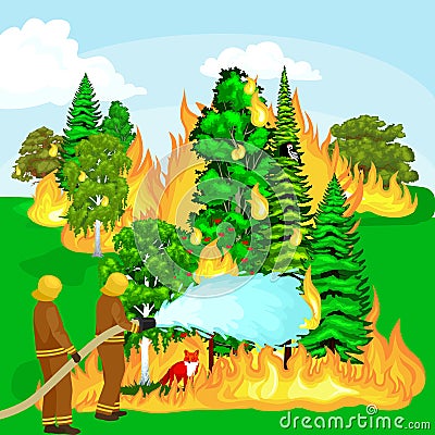 Firefighters in protective clothing and helmet with helicopter extinguish with water Vector Illustration