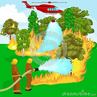 Firefighters in protective clothing and helmet with helicopter extinguish with water Vector Illustration