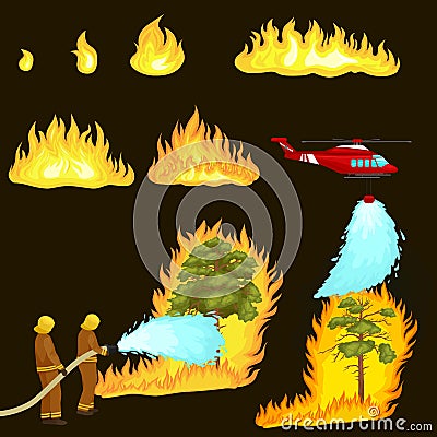 Firefighters in protective clothing and helmet with helicopter extinguish with water from hoses dangerous wildfire.Man Vector Illustration