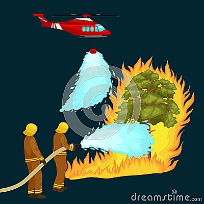 Firefighters in protective clothing and helmet with helicopter extinguish with water from hoses dangerous wildfire.Man Vector Illustration