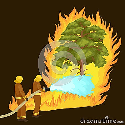 Firefighters in protective clothing and helmet with helicopter extinguish with water from hoses dangerous wildfire.Man Vector Illustration