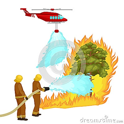 Firefighters in protective clothing and helmet with helicopter extinguish with water from hoses dangerous wildfire.Man Vector Illustration