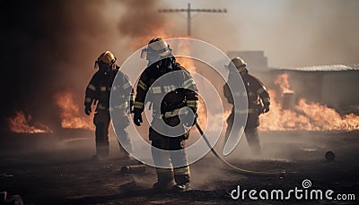 Firefighters in protective suits extinguish burning physical structure with hose generated by AI Stock Photo