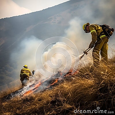 Firefighters in protective suits and masks extinguish a fire in nature in the mountains, hot summer, Stock Photo