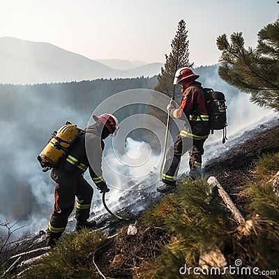 Firefighters in protective suits and masks extinguish a fire in nature in the mountains, hot summer, Stock Photo