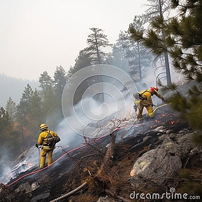 Firefighters in protective suits and masks extinguish a fire in nature in the mountains, hot summer, Stock Photo