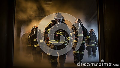 Firefighters in protective workwear extinguishing flames at burning building generated by AI Stock Photo