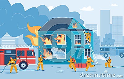 Firefighters putting out house fire, firemen try to extinguish flames. Fireman in uniform using firehose, burning Vector Illustration