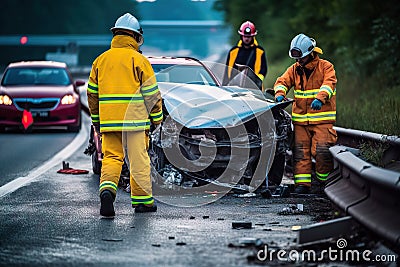 Firefighters rescue injured trapped victims on car crash accident. Generative AI Stock Photo