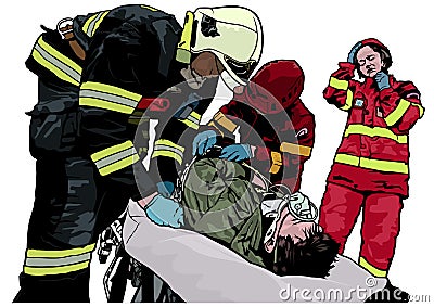 Firefighters and Saved Man on Stretcher Vector Illustration