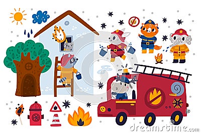 Firefighters tools. Cute animals in fire uniform with buckets of water extinguish ignition. Raccoon rescues kitten in Vector Illustration