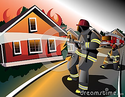 Firefighters try to extinguish burning houses Vector Illustration