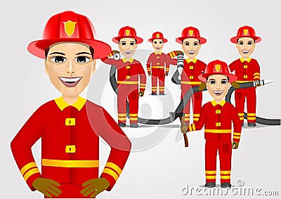 Firefighters in uniform with fire hose Vector Illustration
