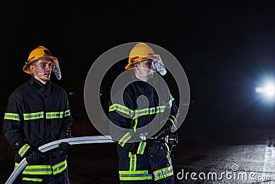 Firefighters using a water hose to eliminate a fire hazard. Team of female and male firemen in dangerous rescue mission Stock Photo