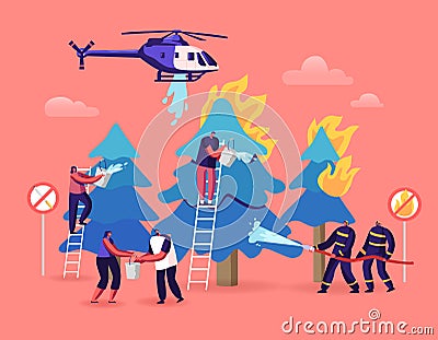Firefighters and Volunteer Characters Fighting with Huge Fire in Forest with Burning Trees. Helicopter Vector Illustration