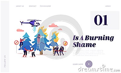 Firefighters and Volunteers Fighting with Huge Fire in Forest Website Landing Page. Helicopter Vector Illustration