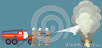 Firefighters in uniform trying to put out flame. Firemen extinguishing fire from explosion Vector Illustration