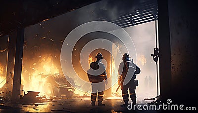 Firefighters work on fire, firemen walk in building on flame background, generative AI Stock Photo