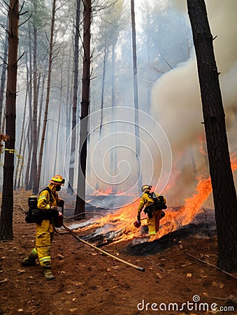 Firefighters working with environmental disaster. Nature disaster of forest fire. Generative AI Stock Photo