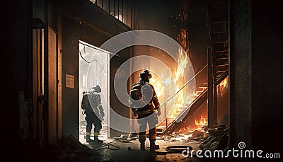 Firefighters works on fire, fireman walks inside burning building, illustration, generative AI Cartoon Illustration