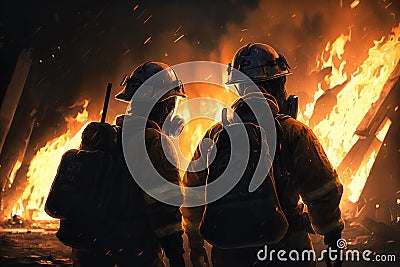 Firefighters works on fire, silhouette of firemen on flame background, generative AI Stock Photo