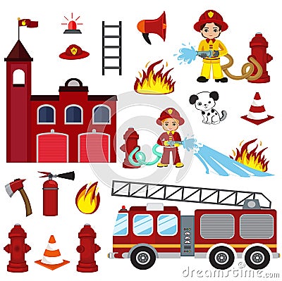 Firefighting characters, hose, fire station, fire engine, fire alarm, extinguisher, axe, and hydrant. Vector Illustration