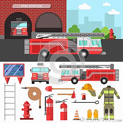 Firefighting department and equipment set. Vector Illustration