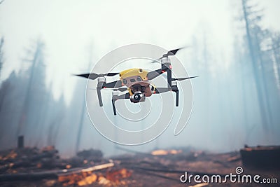 firefighting drone surveying a large wildfire from above Stock Photo