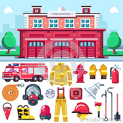 Firefighting equipment vector icons. City fire station illustration. Extinguisher, alarm system, firemans uniform, car Vector Illustration