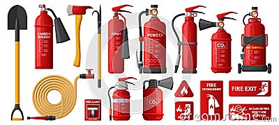 Firefighting, fire protection equipment, fire extinguisher, emergency signs. Firefighter protection, flame fighting Vector Illustration