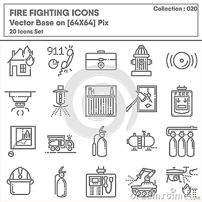 Firefighting and Fire Protection System Safety Icon Set, Firefighter Equipment Tools for Building Fire Prevention Systems. Stock Photo