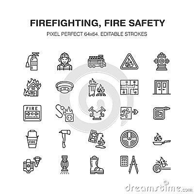 Firefighting, fire safety equipment flat line icons. Firefighter car, extinguisher, smoke detector, house, danger signs Vector Illustration