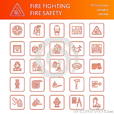 Firefighting, fire safety equipment flat line icons. Firefighter, fire engine, extinguisher, smoke detector, house Vector Illustration