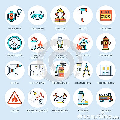 Firefighting, fire safety equipment flat line icons. Firefighter, fire engine extinguisher, smoke detector, house Vector Illustration