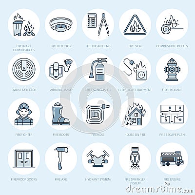 Firefighting, fire safety equipment flat line icons. Firefighter, fire engine extinguisher, smoke detector, house Vector Illustration