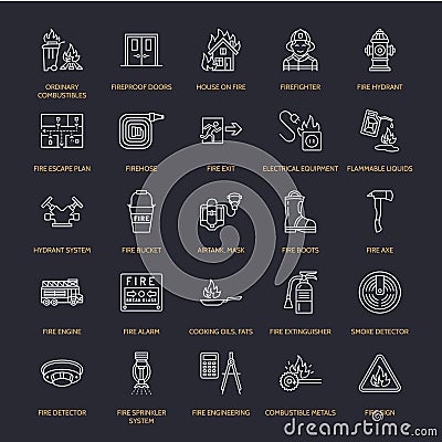 Firefighting, fire safety equipment flat line icons. Firefighter, fire engine extinguisher, smoke detector, house Vector Illustration