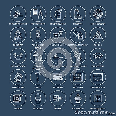 Firefighting, fire safety equipment flat line icons. Firefighter, fire engine extinguisher, smoke detector, house Vector Illustration