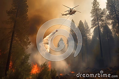 Firefighting helicopter dropping water from its bucket, aiming to quell the raging forest fire beneath. Dramatic view up, Cartoon Illustration