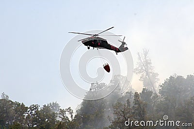 Firefighting helicopter flies over burned land Stock Photo