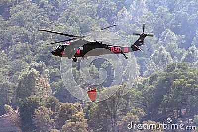 Firefighting helicopter flies over burned land Stock Photo