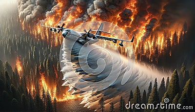 A firefighting plane extinguishes a burning forest. Stock Photo