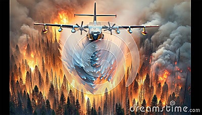 A firefighting plane extinguishes a burning forest. Stock Photo