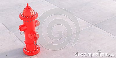 Firefighting public system fire hydrant red color outdoors on concrete tiles background. 3d illustration Cartoon Illustration