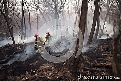 firefighting team works to extinguish flames and prevent the fire from spreading Stock Photo