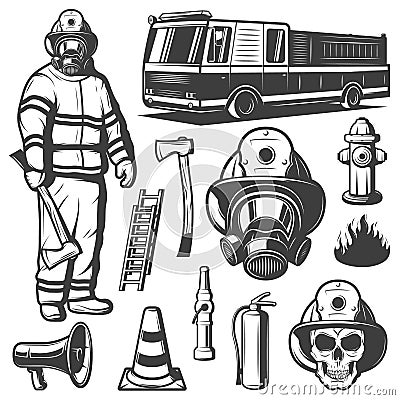 Firefighting Vintage Elements Set Vector Illustration