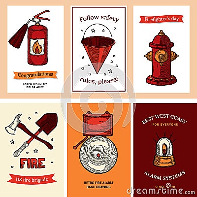 Firefighting Vintage Web Banner Templates of fireman tools vector illustration. Rescue equipment isolated. Vertical Vector Illustration