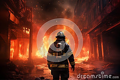 Firefigther looking at the blazing fire before him Stock Photo