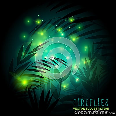 Fireflies and Forest at Night Vector Illustration