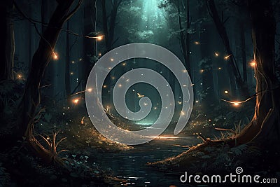 Fireflies night forest. Generate Ai Stock Photo